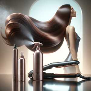 DALL·E 2023-11-16 13.04.29 - 1. A photograph of a sleek, modern flat iron placed next to a bottle of thermal protectant spray. The spray bottle is sleek with a glossy finish, refl