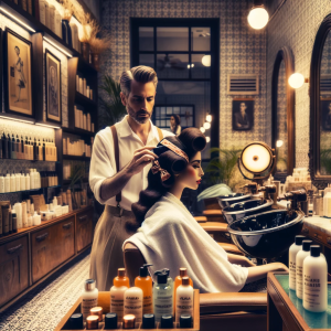 DALL·E 2023-11-25 17.38.06 - A photograph of a vintage hair salon scene with a modern twist, showcasing clean, eco-friendly hair products. The stylist, a White man with a classic
